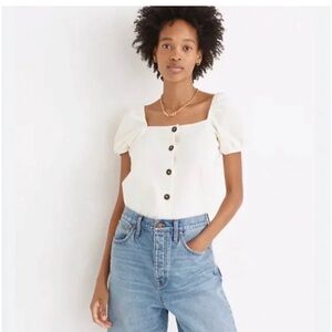 Madewell Jacquard Square Neck Puff Sleeve Ivory Top Size L